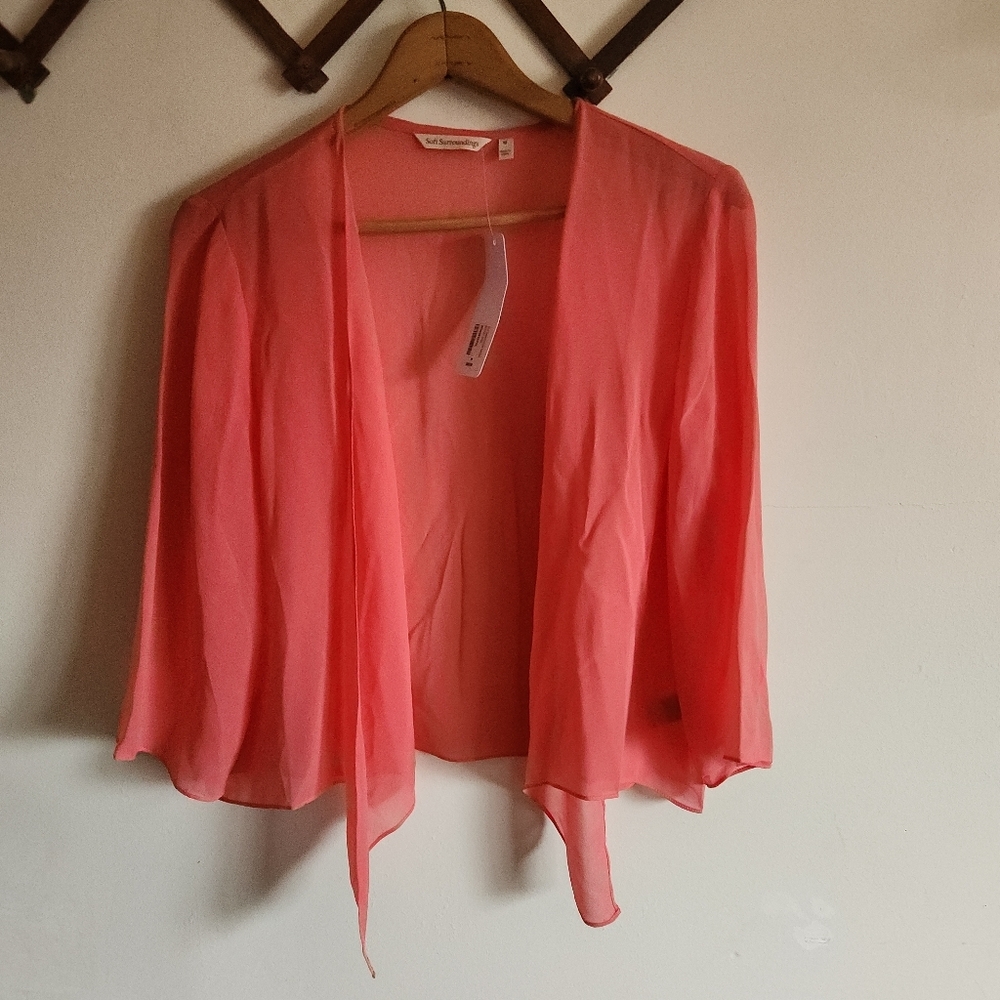 NWT Soft Surroundings 100% Silk Coral Pink Open Front Cardigan Top Medium M